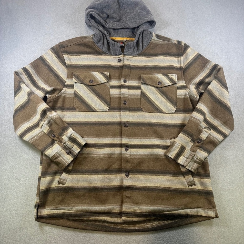 Quiksilver Mens XL Striped Hooded Shirt Jacket Brown Tan Full Button Shacket